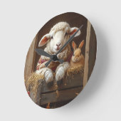 Gemütliches Schaf und Kaninchen im Stall mit Blume Runde Wanduhr (Winkel)