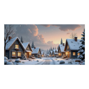 Gemütliches Schneedorfs bei Dämmerung – Winterwand Poster
