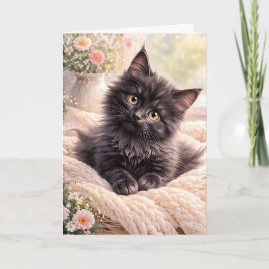 Gemütliches schwarzes Kätzchen auf gestrickter Dec Karte (Vorderseite)