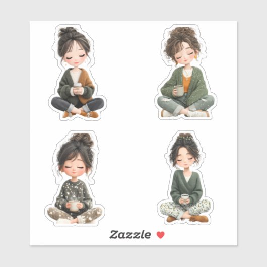 Gemütliches Sitzendes Chibi-Mädchen-Kaffeesticker- Aufkleber (Blatt)