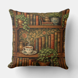 Gemütliches Vintage-Bücherregal Tee Kaffee Botanic Kissen