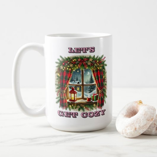 Gemütliches Weihnachtsfenster mit Schnee und Dekor Kaffeetasse (Mit Donut)