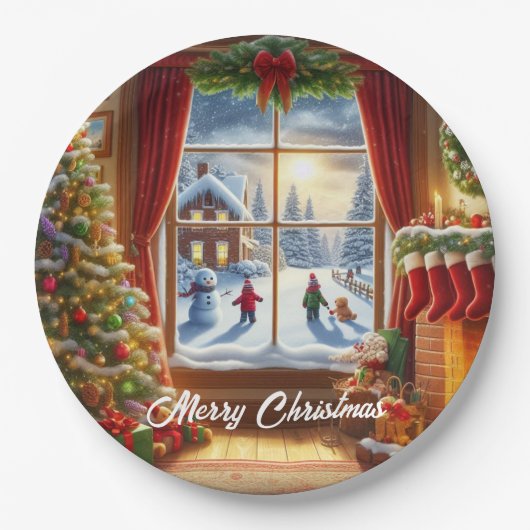 Gemütliches Weihnachtsfenster Pappteller (Vorderseite)