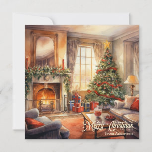 Gemütliches Weihnachtsinterieur mit Kamin und Baum Feiertagskarte