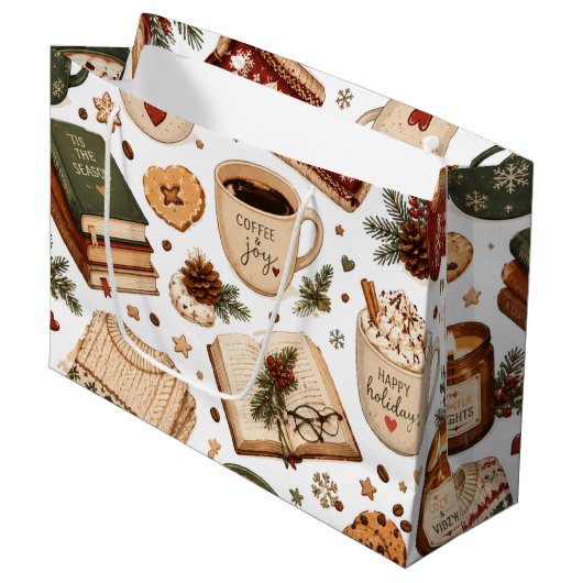 Gemütliches Weihnachtskaffee-Wintermuster Große Geschenktüte (Vorderseite Schrägansicht)