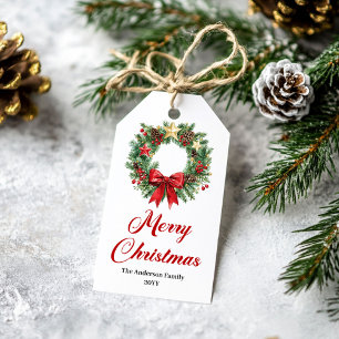 Gemütliches Weihnachtskranz-Geschenk-Tag mit golde Geschenkanhänger