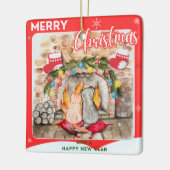 Gemütliches Weihnachtsmantel mit Hund und Katze Keramikornament (Links)