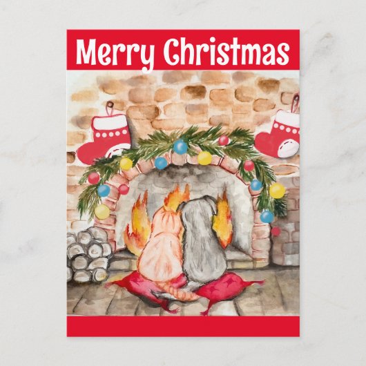 Gemütliches Weihnachtsmantel mit Hund und Katze Postkarte (Vorderseite)