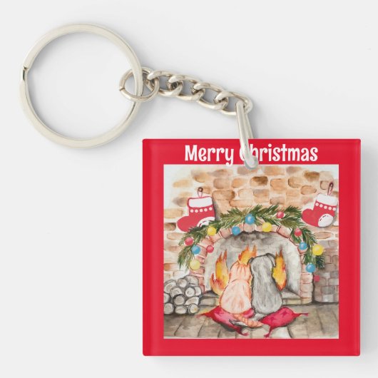 Gemütliches Weihnachtsmantel mit Hund und Katze Schlüsselanhänger (Vorderseite)