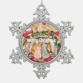 Gemütliches Weihnachtsmantel mit Hund und Katze Schneeflocken Zinn-Ornament