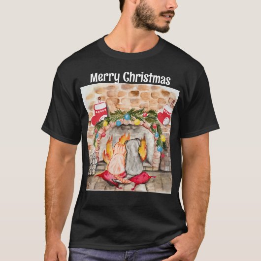Gemütliches Weihnachtsmantel mit Hund und Katze T-Shirt (Vorderseite)