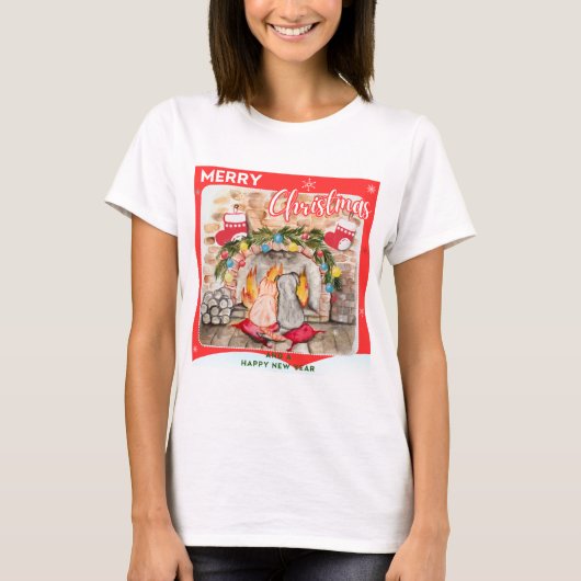 Gemütliches Weihnachtsmantel mit Hund und Katze T-Shirt (Vorderseite)