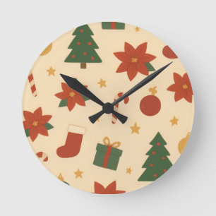 Gemütliches Weihnachtsmuster mit Geschenken und Bä Runde Wanduhr