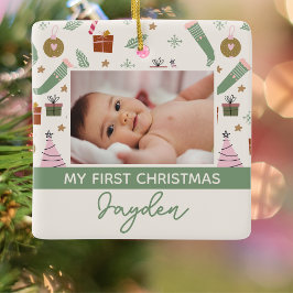 Gemütliches Winter Pink Grün Erstes Weihnachtsfest Keramikornament