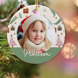 Gemütliches Winter Pink Grün Weihnachtsfest Foto Keramik Ornament