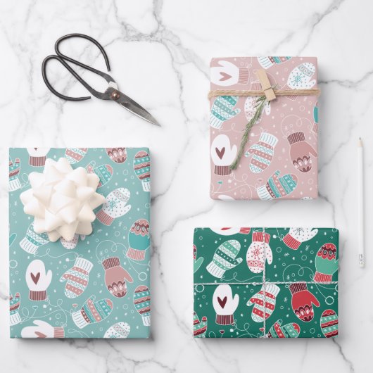 Gemütliches Winter Weihnachten Mittens Pattern Set Geschenkpapier Set (Vorderseite)
