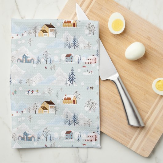 Gemütliches Winter Wonderland Ice Skaten Village M Geschirrtuch (Viertel Falte)