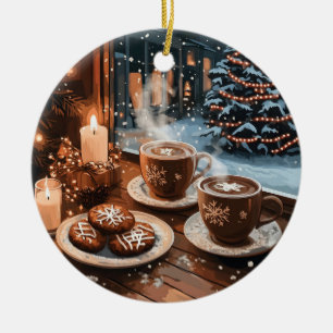 Gemütliches Wintercafé mit heißem Kakao und Keksen Keramik Ornament