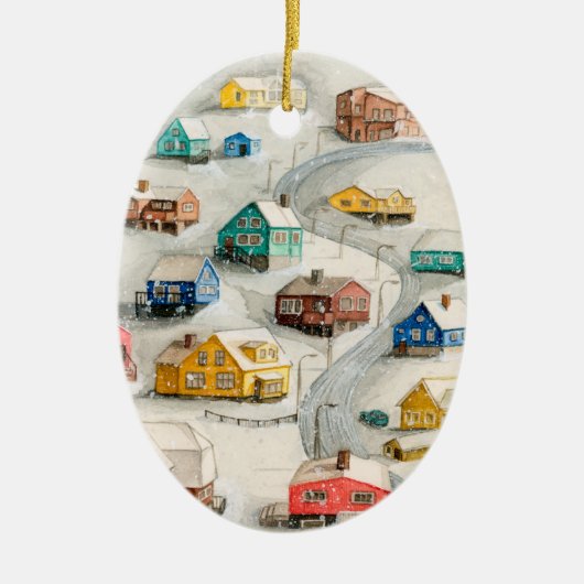 Gemütliches Winterdorf Kunst Keramik Ornament (Vorne)
