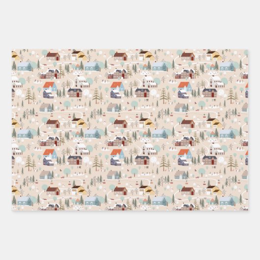 Gemütliches Winterdorf-Szenenmuster Geschenkpapier Set (Vorderseite)