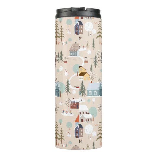 Gemütliches Winterdorf-Szenenmuster Thermosbecher (Rückseite)