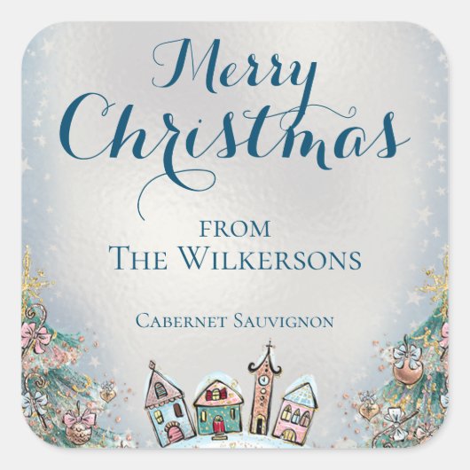 Gemütliches Winterdorf und Weihnachtsbäume Quadratischer Aufkleber (Vorderseite)