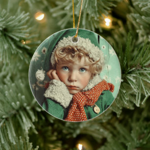 Gemütliches Winterelfen-Kinderporträt Keramik Ornament