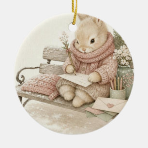 Gemütliches Winterhasen-Briefeschreib-Ornament Keramik Ornament