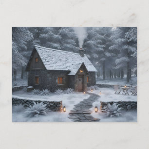 Gemütliches Winterhäuschen im Wald Postkarte