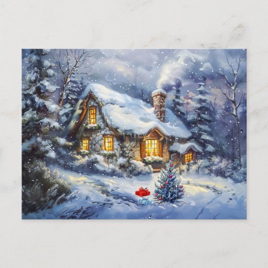 Gemütliches Winterhäuschen mit Weihnachtsbaum Postkarte (Vorderseite)