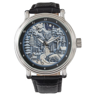 Gemütliches Winterhäuschen mitten im schneebedeckt Armbanduhr
