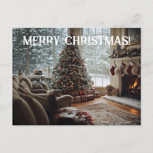 Gemütliches Zimmer Weihnachten , Kamin, Baum und S Postkarte (Vorderseite)