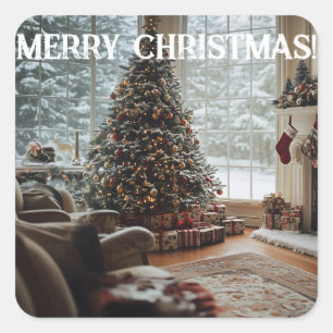 Gemütliches Zimmer Weihnachten , Kamin, Baum und S Quadratischer Aufkleber