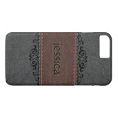 Genähte schwarze und braune Vintage-Leder Case-Mate iPhone Hülle (Rückseite (Horizontal))