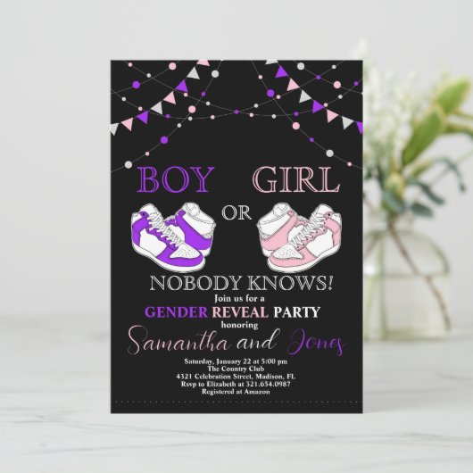 Gender des Sneakers Lila oder rosa Sneaker Einladung (Stehend Vorderseite)