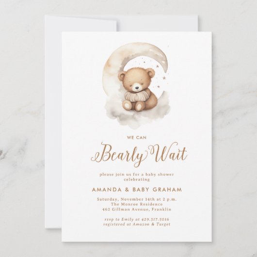 Gender Neutral Bearly Wait Teddy Bear Baby Shower Einladung (Vorderseite)