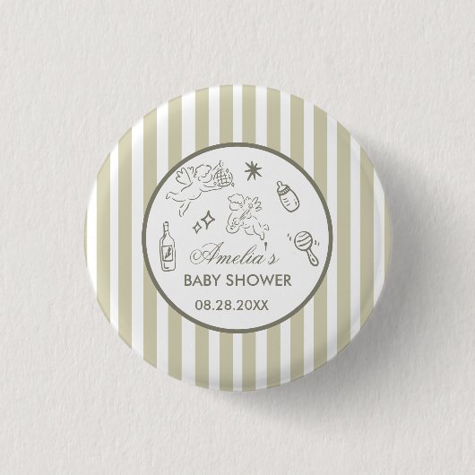 Gender Neutral doodle cupid Baby Shower Green Button (Vorderseite)