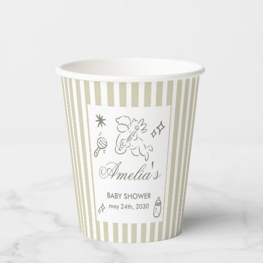 Gender Neutral doodle cupid Baby Shower Green Pappbecher (Vorderseite)