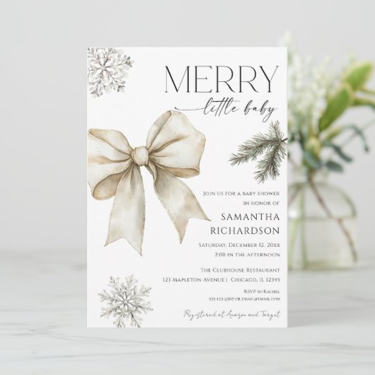 Gender neutral rustic bow snowflakes baby shower einladung (Stehend Vorderseite)
