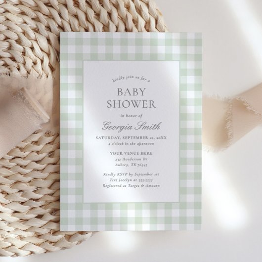 Gender Neutral Sage Green Gingham Baby Shower Einladung