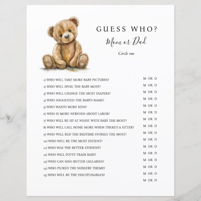 Gender Neutral Teddy Bear Baby Shower Game (Vorderseite)