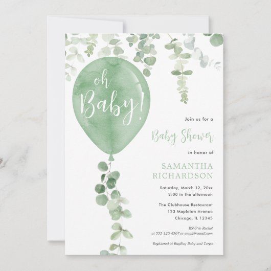 Gender neutrale grüne Ballongrün Oh Baby Einladung (Vorderseite)