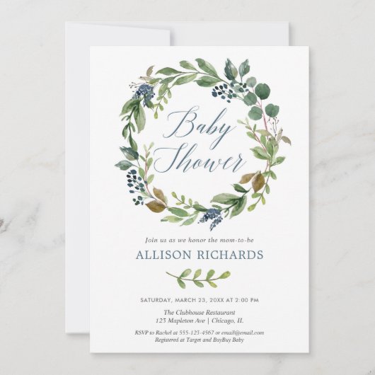 Gender-neutrale grüne Dusche aus staubblauer Babyd Einladung (Vorderseite)