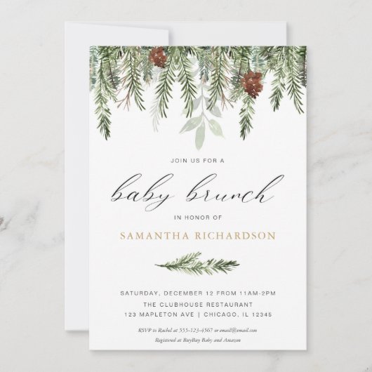 Gender-neutraler Kiefernwald Winterbabybrunch Einladung (Vorderseite)