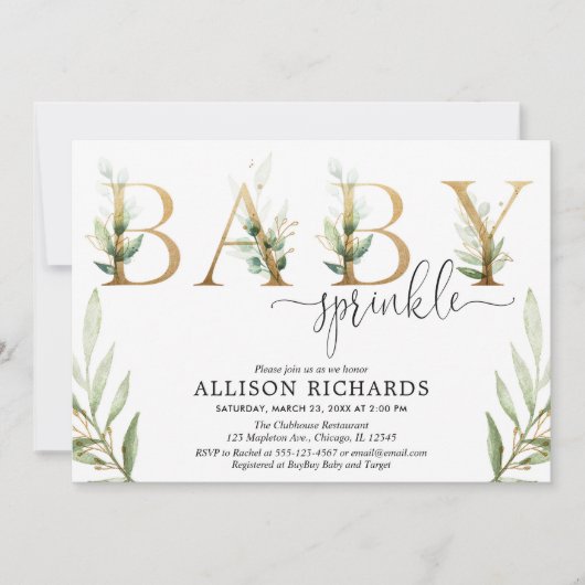 Gender-neutrales grünes Goldbaby-Sprinkle Einladung (Vorderseite)