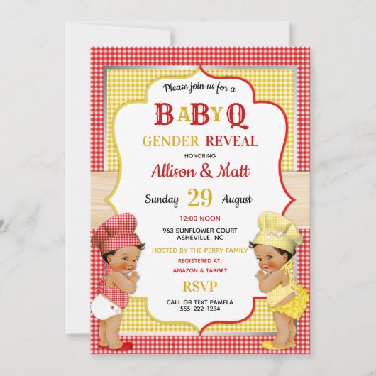 Gender Reveal Baby Q GRILLEN Red Yellow Gingham Einladung (Vorderseite)