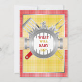 Gender Reveal Baby Q GRILLEN Red Yellow Gingham Einladung (Rückseite)