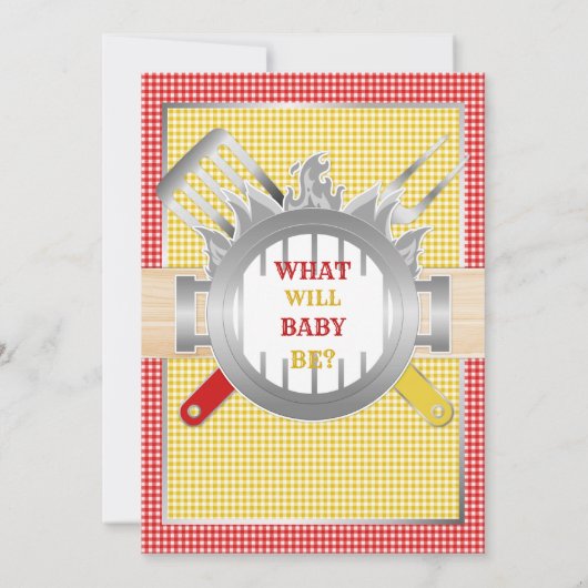 Gender Reveal Baby Q GRILLEN Red Yellow Gingham Einladung (Rückseite)