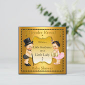 Gender Reveal Baby Shower Boy Girl Gold Brünett Einladung (Stehend Vorderseite)