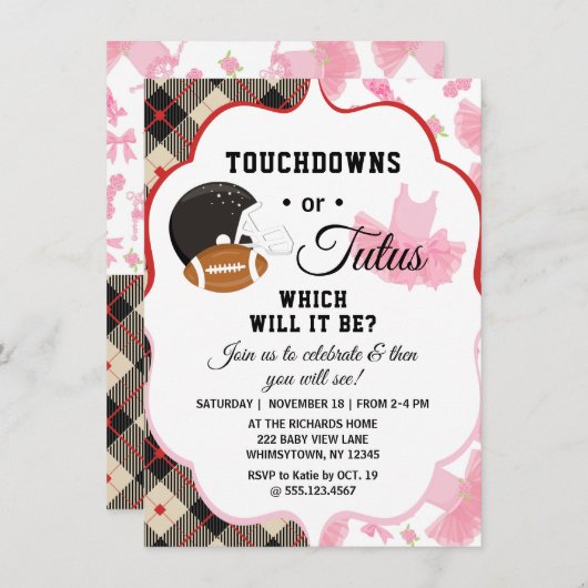 Gender Reveal Baby Shower Touchdowns oder Tutus Einladung (Vorne/Hinten)